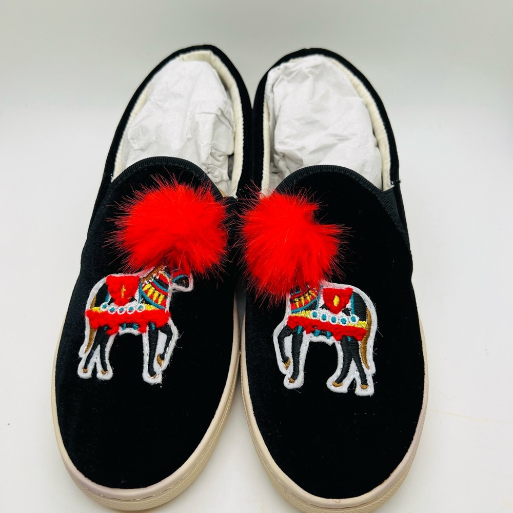 NWT Soludos Velvet Show Pony Sneaker Black and Red Pom Poms Size 6.5